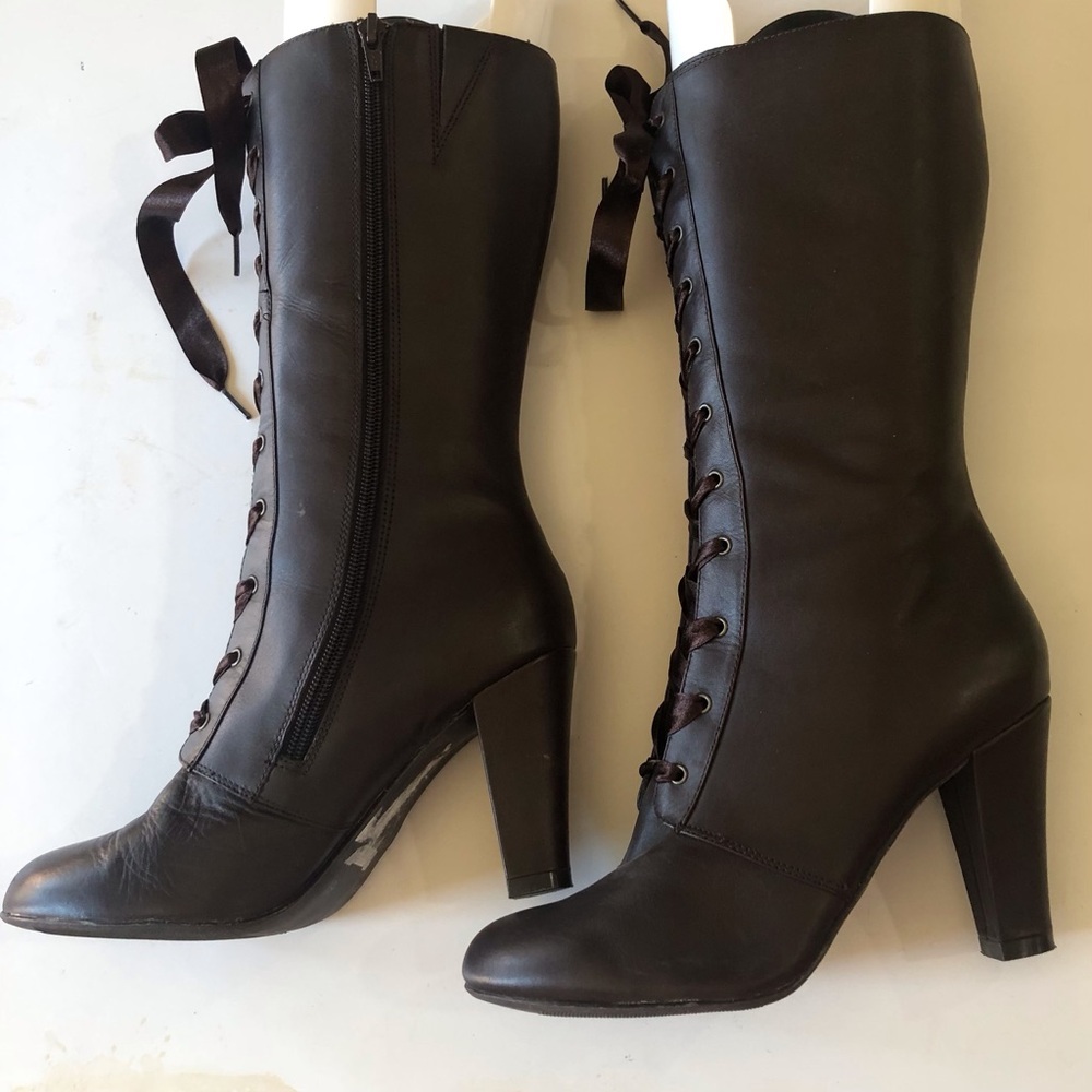 Hillard & Hanson Ladies "Trudy" Leather Victorian Heeled Lace Up/Zip Boots 6.5M